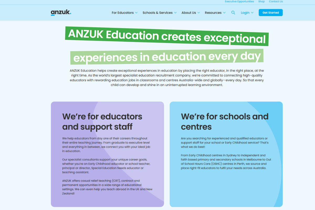 Example of Breezy Words’ web copywriting services for ANZUK education’s home page